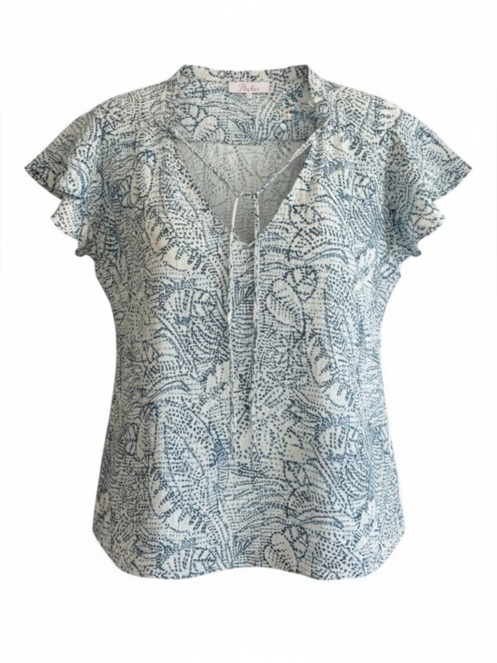 Parker Exie 100% Silk Floral Blouse Large Blue White Printed Top with Neck Tie
